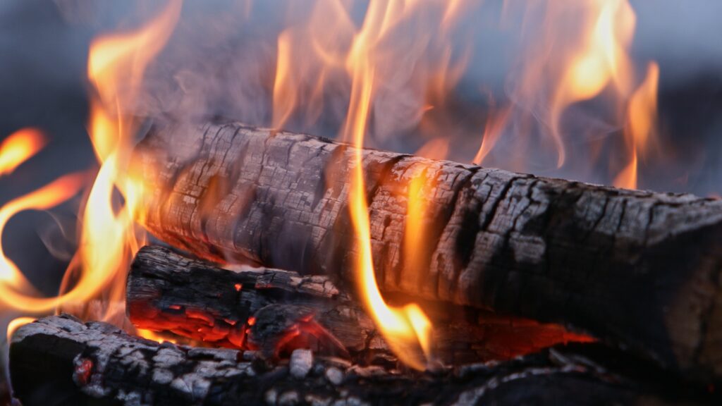 Logs burning in a campfire